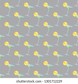 Seamless pattern cocktail garnished with lemon slice icon image. Summer drink