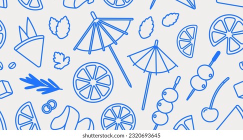 Seamless pattern of cocktail garnishes. Line art, retro. Vector illustration for bars, cafes, and restaurants.