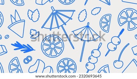 Seamless pattern of cocktail garnishes. Line art, retro. Vector illustration for bars, cafes, and restaurants.