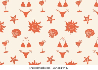 Seamless pattern with cocktail glasses, shells, sun, dripper. Retro summer beach elements