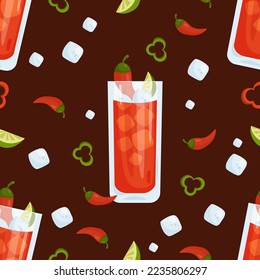 Seamless pattern with cocktail. Mexican Vampiro in glass with ice cubes, chili peppers and lime on black background. Vector illustration. Pattern with latin american drink on Halloween