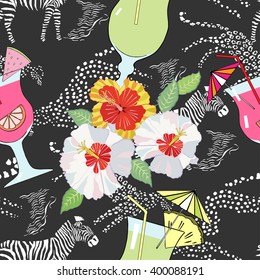 Seamless pattern with cocktail on exotic background.Hand drawn  vector Illustration