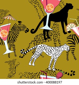 Seamless pattern with cocktail on exotic background.Hand drawn  vector Illustration