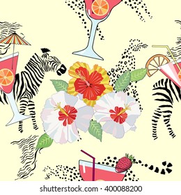 Seamless pattern with cocktail on exotic background.Hand drawn  vector Illustration