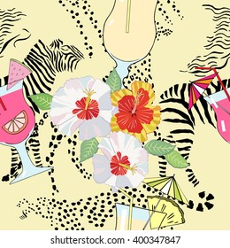 Seamless pattern with cocktail on exotic background.Hand drawn  vector Illustration