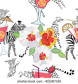 Seamless pattern with cocktail on exotic background.Hand drawn  vector Illustration