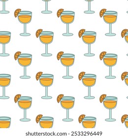 Seamless pattern with cocktail with orange, juice in glass. Vector flat illustration.