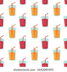 Seamless Pattern with cocktail orange and purple color in glass with straw. Fresh summer drink. Vector illustration.