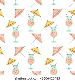 Seamless pattern with cocktail with sun umbrella. Summer theme. Flat vector illustration