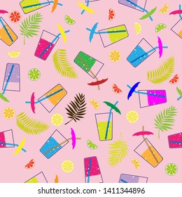 Seamless pattern with cocktail, tropical leaves and citrus fruit slices.  Modern random colors. Ideal for textiles, packaging, paper printing, simple backgrounds and textures.
