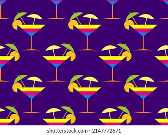 Seamless pattern with cocktail with umbrellas in pop art style. Alcoholic cocktails with umbrellas and orange slice. Design for bar menus, advertising materials and banners. Vector illustration