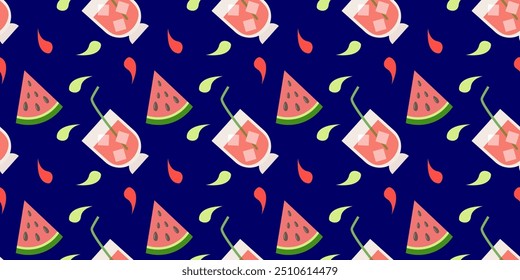 Seamless pattern with cocktail and watermelon slices. For cover design, fabric, packaging. and other projects. Vector graphics 