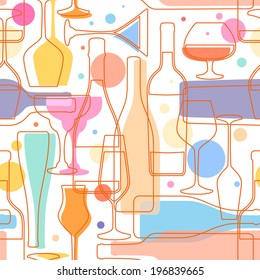 Seamless pattern with cocktail and wine bottles and glasses