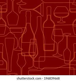 Seamless pattern with cocktail and wine bottles and glasses