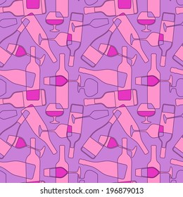 Seamless pattern with cocktail and wine bottles and glasses
