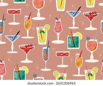 Seamless pattern with Cocktails alcoholic daiquiri, old fashioned, manhattan, martini, sidecar glass hand drawn engraving vector illustration  sketch NOT AI  Vacation summer party 