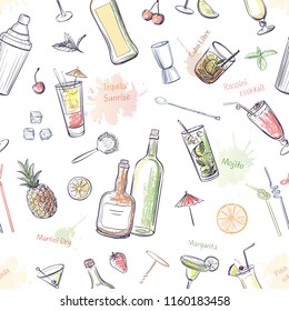 Seamless pattern Cocktails and bartender equipment. Color sketches and inscriptions on white background