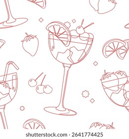 Seamless pattern with cocktails and berries isolated on white background. Vector background in line art style.