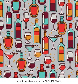 seamless pattern with cocktails and bottles of alcohol, pop art colors, vector illustration