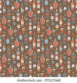 seamless pattern with cocktails and bottles of alcohol, retro colors, vector illustration