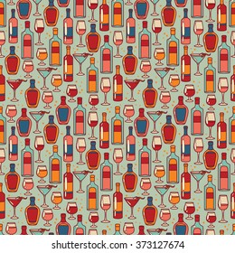 seamless pattern with cocktails and bottles of alcohol, vector illustration