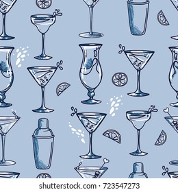 seamless pattern with cocktails, can be used for summer party or for bachelorette party, vector illustration in sketch style