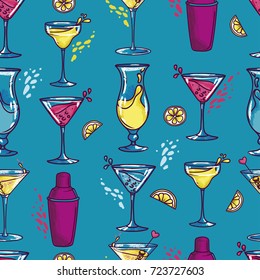 seamless pattern with cocktails, can be used for summer party or for bachelorette party, vector illustration in sketch style