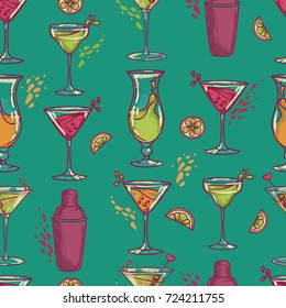 seamless pattern with cocktails, can be used for summer party or for bachelorette party, vector illustration in sketch style