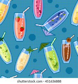 Seamless pattern with cocktails in checkered and spotted background.