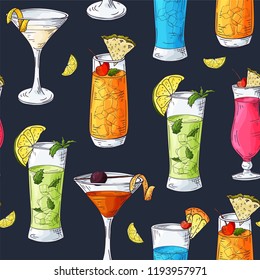 Seamless pattern with cocktails. Color outline on white background. Hand drawn elements in vector.