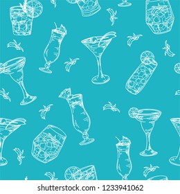 Seamless pattern with cocktails. Color outline on white background. Hand drawn elements in vector.