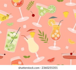 Seamless pattern with cocktails concept. Repeating design element for printing on fabric. Alcoholic drinks with fruit slices and drinking straws. Beverage for party. Cartoon flat vector illustration