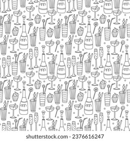 Patrón inquebrantable con cócteles, bebidas, botella de champán, pastelitos y copas. Ilustración vectorial dibujada a mano de Doodle sobre el contorno negro de fondo blanco.