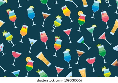 Seamless pattern with cocktails. flat style. isolated on dark blue background