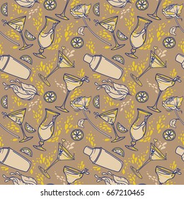seamless pattern with cocktails, flowers and splashes, can be used for retro cocktail party or for bachelorette party, retro palette, vector illustration in sketch style
