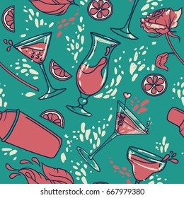 seamless pattern with cocktails, flowers and splashes, can be used for cocktail party or for bachelorette party, pink and turquoise colors, vector illustration