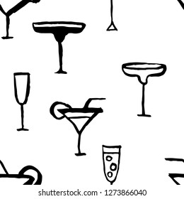 Seamless pattern with cocktails. Glasses on a white background. Grunge vector illustration.