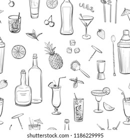 Seamless pattern of cocktails, hand drawings on a white background