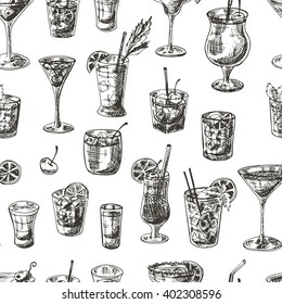 Seamless pattern with cocktails. Hand drawn vector illustration. Martini, bloody mary, daiquiri, margarita, vodka, gin, tequila, B-52, manhattan, cosmopolitan, mojito, pina colada, kamikaze and other.