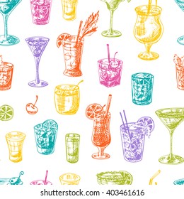 Seamless pattern with cocktails. Hand drawn vector illustration. Martini, bloody mary, daiquiri, margarita, vodka, gin, tequila, B-52, manhattan, cosmopolitan, mojito, pina colada, kamikaze and other.