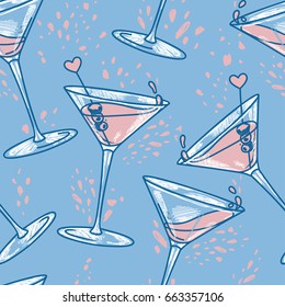 seamless pattern with cocktails and hearts, can be used for valentine's day party or for bachelorette party, vector illustration in sketch style