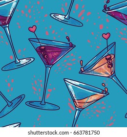 seamless pattern with cocktails and hearts, can be used for valentine's day party or for bachelorette party, funky colors, vector illustration in sketch style