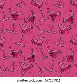 seamless pattern with cocktails and hearts, can be used for valentine's day party or for bachelorette party, pink glamour palette, vector illustration in sketch style