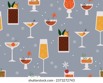 Seamless pattern with cocktails. Holiday party design. Winter holiday drinks. Christmas-themed cocktails