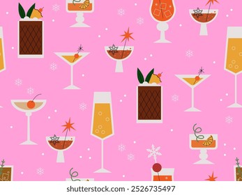 Padrão perfeito com coquetéis. Projeto de festa de férias. Bebidas de férias de inverno. Coquetéis com tema de Natal