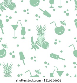 Seamless pattern with cocktails, ice cream, pineapple, orange, banana. Summer rest concept.