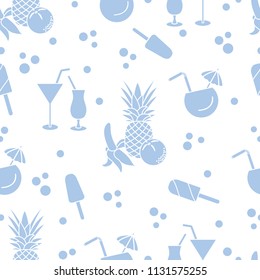 Seamless pattern with cocktails, ice cream, pineapple, orange, banana. Summer rest concept.