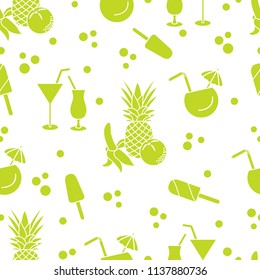 Seamless pattern with cocktails, ice cream, pineapple, orange, banana. Summer rest concept.