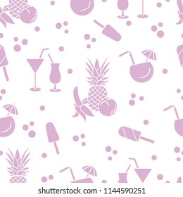Seamless pattern with cocktails, ice cream, pineapple, orange, banana. Summer rest concept.