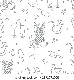 Seamless pattern with cocktails, ice cream, pineapple, orange, banana. Summer rest concept.